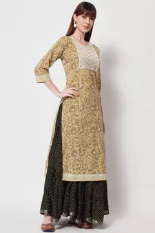 Women Embroidered Printed Straight Kurta in Light Yellow