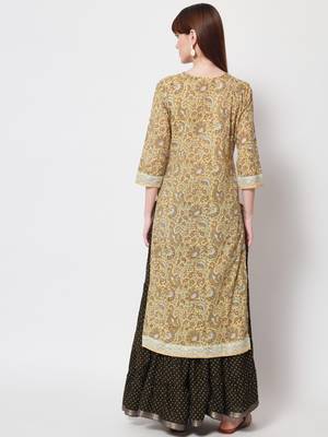 Women Embroidered Printed Straight Kurta in Light Yellow 4