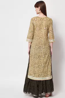 Women Embroidered Printed Straight Kurta in Light Yellow