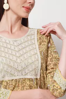 Women Embroidered Printed Straight Kurta in Light Yellow