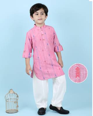 Pink woven linen boys-kurta-pyjama 1