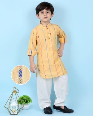Yellow woven linen boys-kurta-pyjama 1