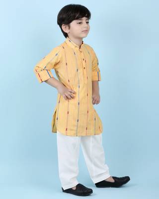 Yellow woven linen boys-kurta-pyjama 3