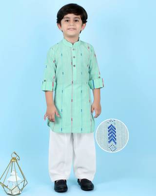 Green woven linen boys-kurta-pyjama 1