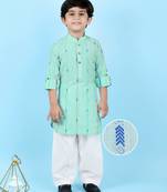 Green woven linen boys-kurta-pyjama