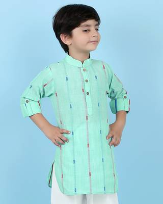 Green woven linen boys-kurta-pyjama 4