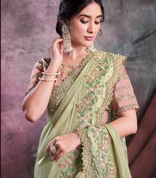 Green  Embroidered Georgette Half & Half Saree With Net Pallu