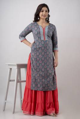 Women's Printed Cotton Straight Kurta in Light Blue 1