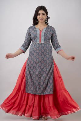Women's Printed Cotton Straight Kurta in Light Blue 2