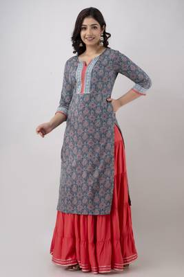 Women's Printed Cotton Straight Kurta in Light Blue 3