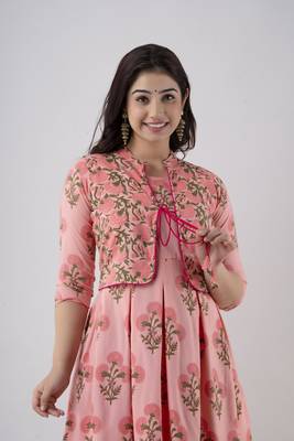 ftDiva Women's Rayon Printed Anarkali Kurta in Pink 5