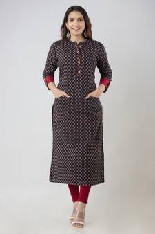 ftDiva Women Cotton Printed Straight Kurta in Black