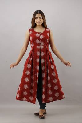 Women's Rayon Printed Frontslit Kurta in Maroon 1