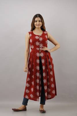 Women's Rayon Printed Frontslit Kurta in Maroon 2