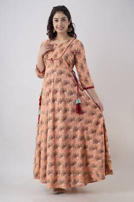 Women's Printed Anarkali kurta in Peach 2
