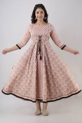 ftDiva Women's Rayon Printed Anarkali kurta in Pink 1