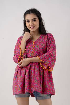 ftDiva Women's Cotton Floral Print Tunic in Dark Pink 1