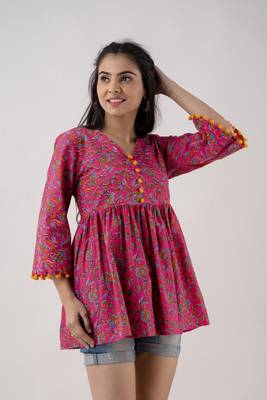 ftDiva Women's Cotton Floral Print Tunic in Dark Pink 2