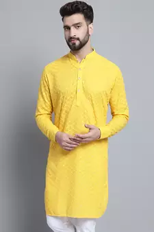 Yellow embroidered cotton men-kurtas