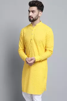 Yellow embroidered cotton men-kurtas
