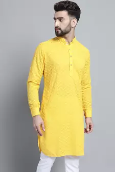 Yellow embroidered cotton men-kurtas