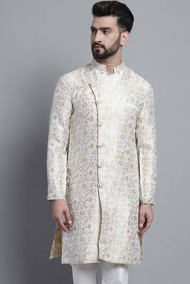 Men designer White sherwani with golden print by treemoda 1