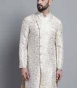 Men designer White sherwani with golden print by treemoda