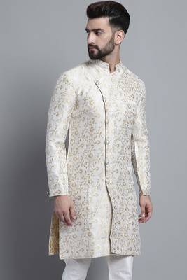 Men designer White sherwani with golden print by treemoda 4