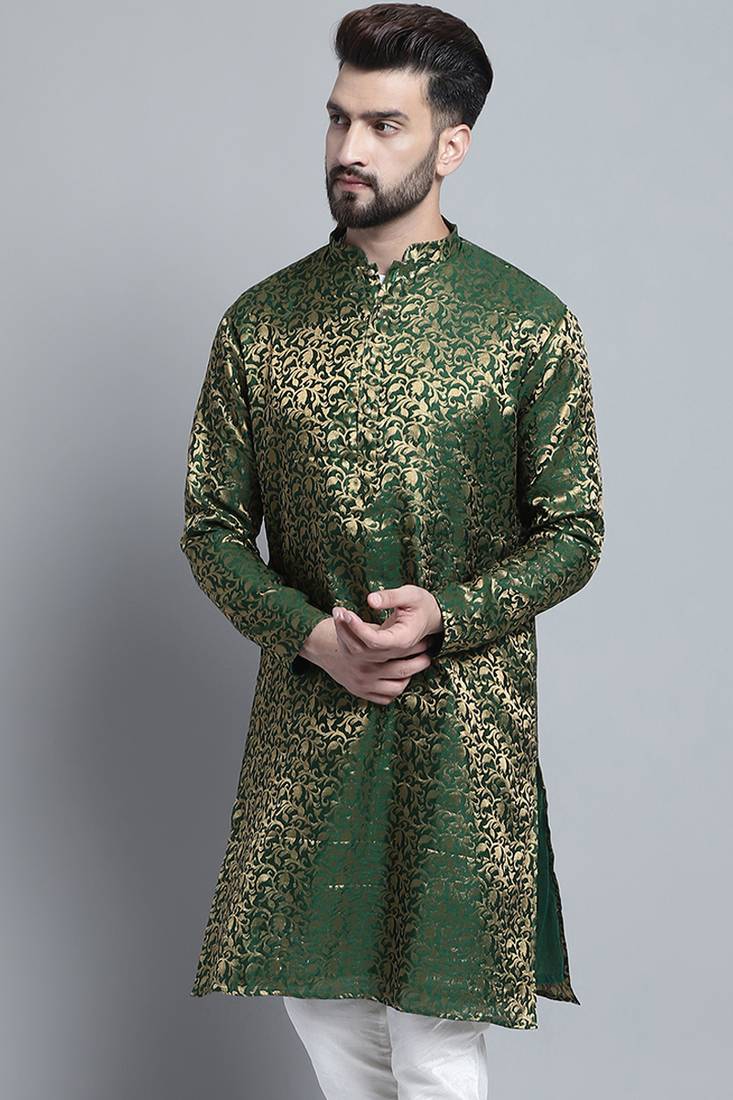 Green printed brocade silk men-kurtas
