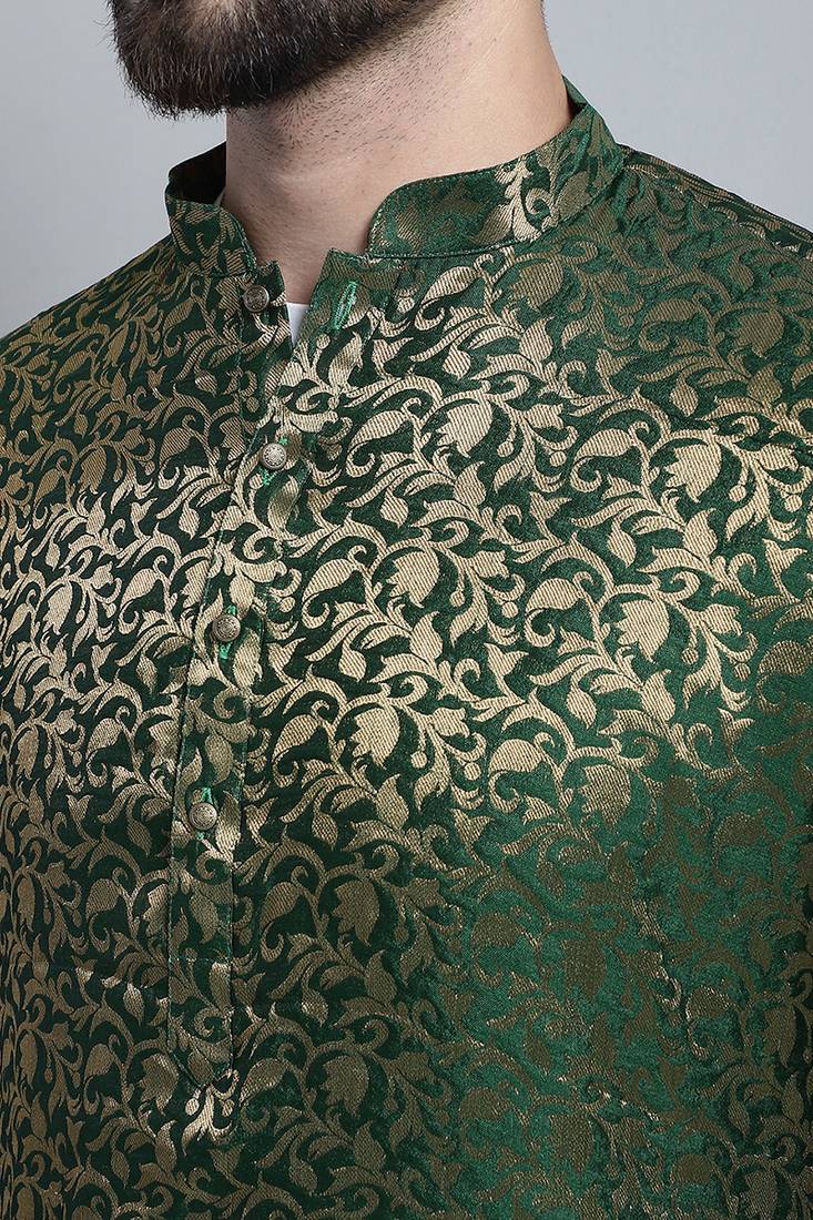Green printed brocade silk men-kurtas