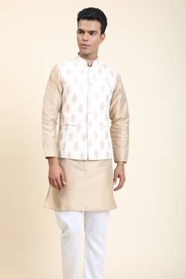 Beige printed polyester nehru-jacket 1