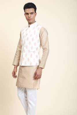 Beige printed polyester nehru-jacket 3