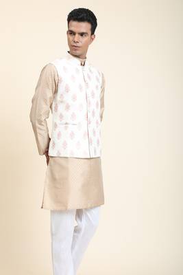 Beige printed polyester nehru-jacket 4