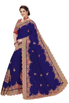 Trendmalls Blue Embroidered Satin Party Wear Saree With Blouse 4