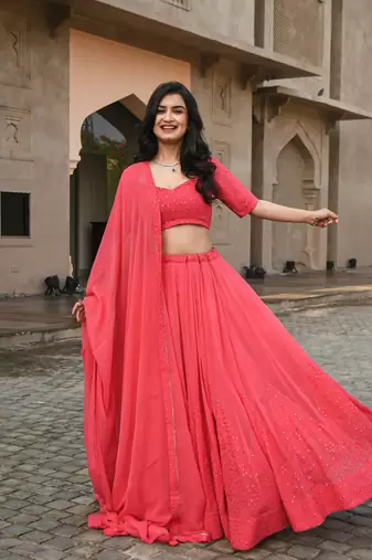Gajri Pink thread embroidered georgette indian party wear Lehenga