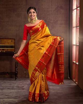 Yellow Banarasi Silk Saree With Blouse Piece 1