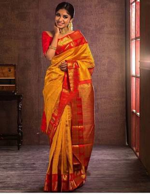 Yellow Banarasi Silk Saree With Blouse Piece 2