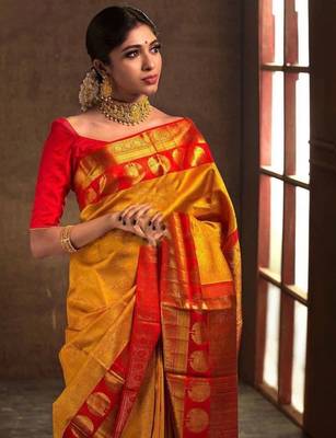 Yellow Banarasi Silk Saree With Blouse Piece 3