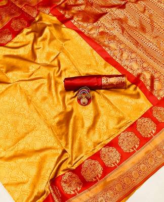 Yellow Banarasi Silk Saree With Blouse Piece 7