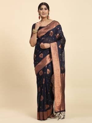 Blue Plain Linen Saree With Blouse 1