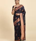 Blue Plain Linen Saree With Blouse