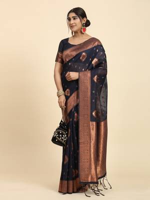 Blue Plain Linen Saree With Blouse 3