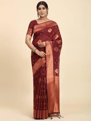 Maroon Plain Linen Saree With Blouse 1