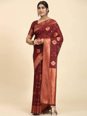 Maroon Plain Linen Saree With Blouse 2