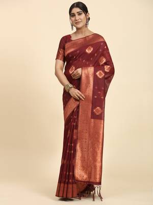 Maroon Plain Linen Saree With Blouse 3