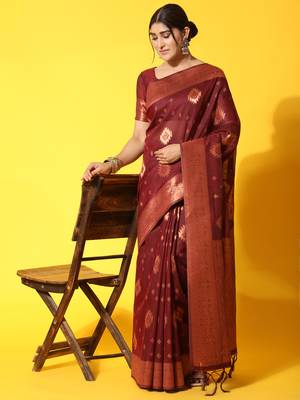 Maroon Plain Linen Saree With Blouse 4