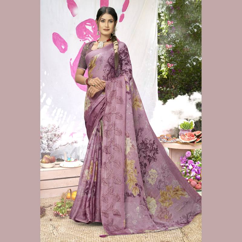 Purple embroidered chiffon saree with blouse