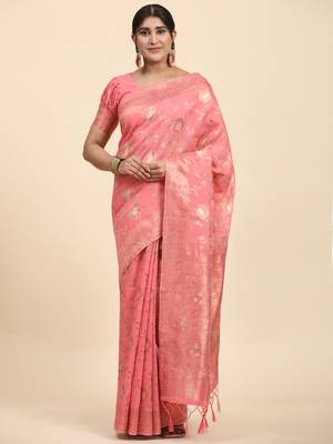 Pink Plain Linen Saree With Blouse 1
