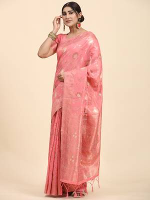 Pink Plain Linen Saree With Blouse 2