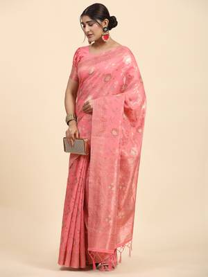 Pink Plain Linen Saree With Blouse 3